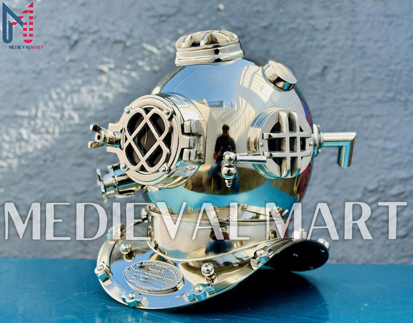 MEDIEVALMART Nautical Chrome Plated Diving Helmet With Wooden Base