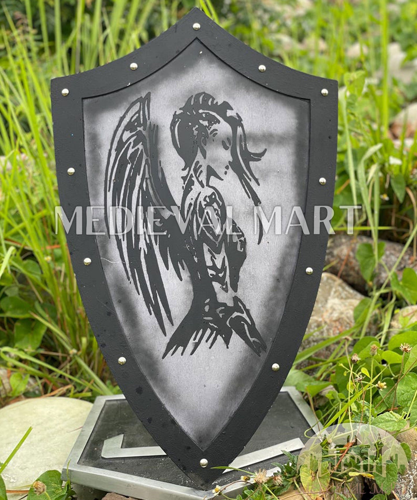 MEDIEVALMART Medieval Templar Devil Angel Inspired Wooden Shield Black & Siver Finish | Gift for Christmas Day