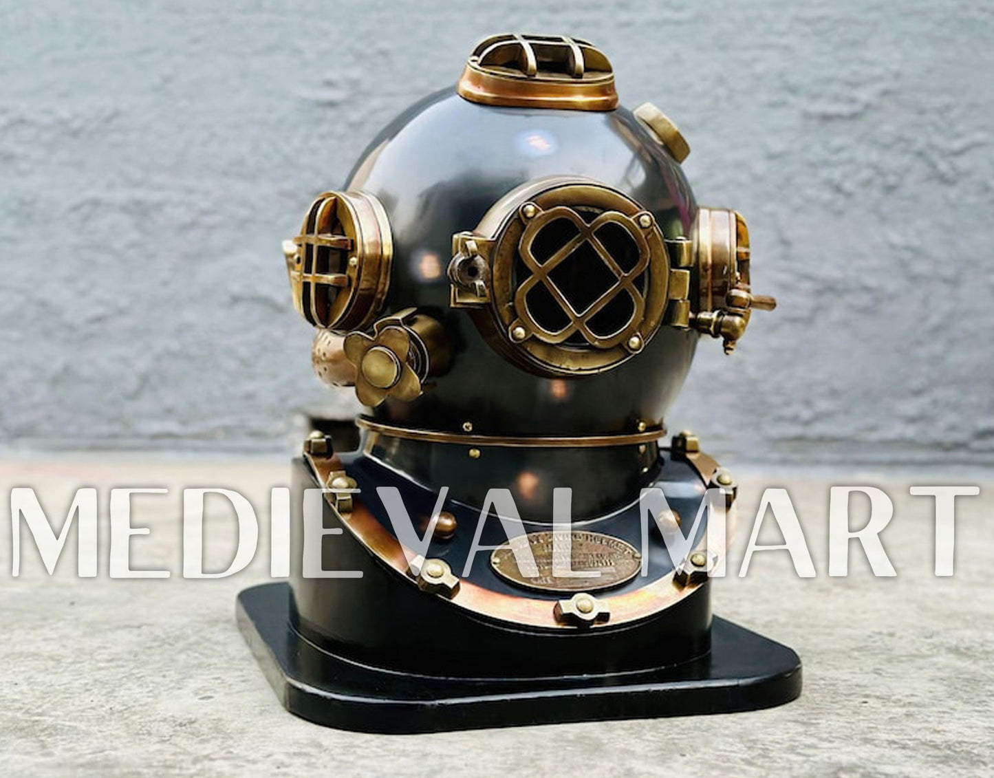 MEDIEVALMART Antique Black Finish Diving Helmet With Wooden Base