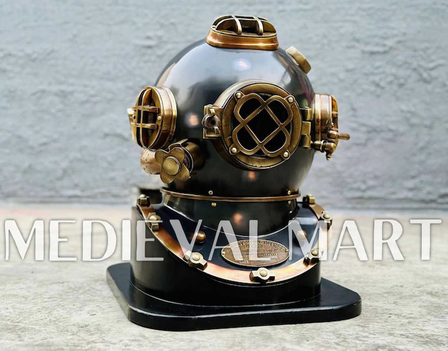 MEDIEVALMART Antique Black Finish Diving Helmet With Wooden Base