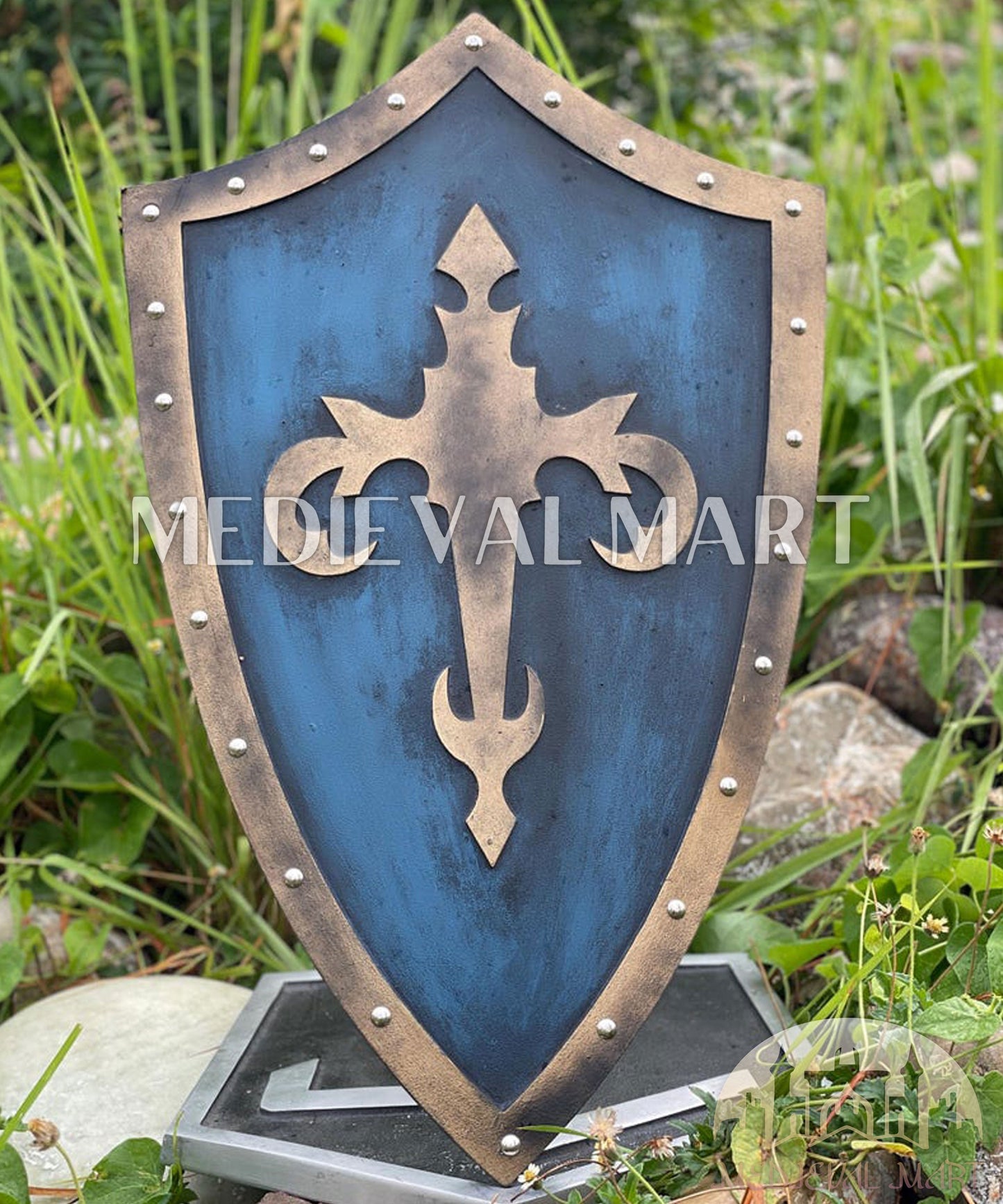 MEDIEVALMART Medieval Templar Devil Zelda Cross Inspired Wooden Shield Bliue & Gold Finish | Gift for Christmas Day