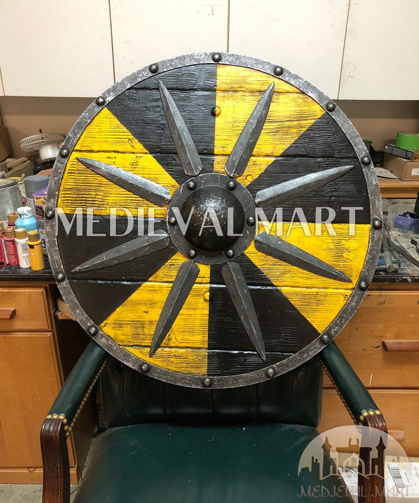 MEDIEVALMART Iconic Viking's Jarl Borg Iron Spikes Battleworn Viking Wooden Shield | Gifts For Dad