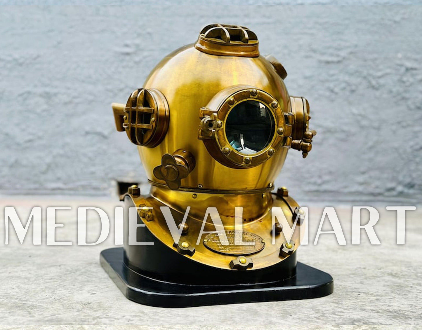 MEDIEVALMART Antique Gold Finish Diving Helmet With Wooden Base