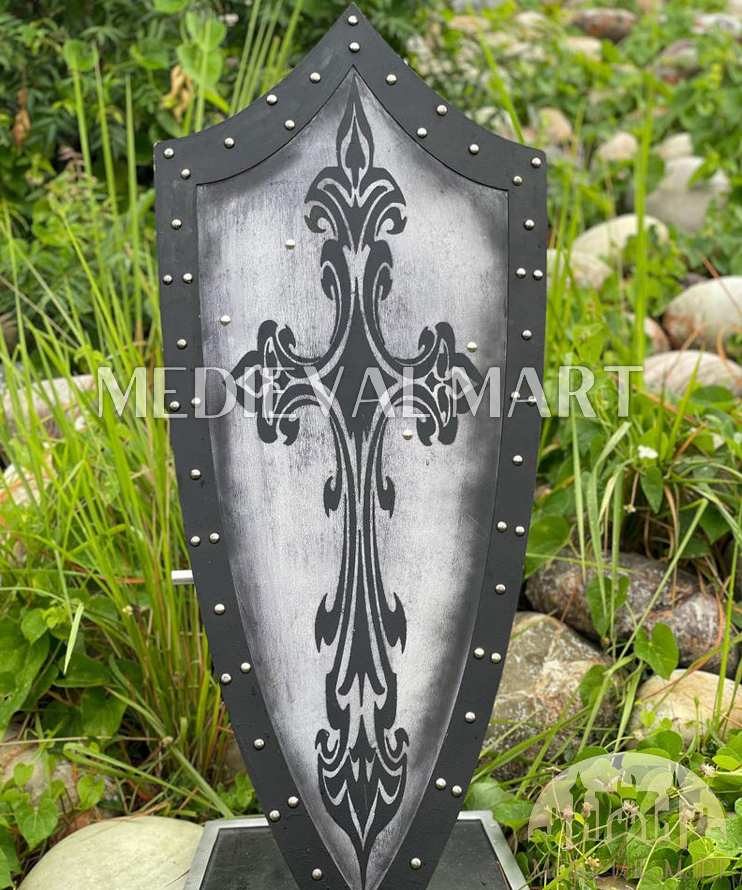 MEDIEVALMART Medieval Templar Spanian Cross Inspired Wooden Shield Black & Siver Finish | Gift for Christmas Day