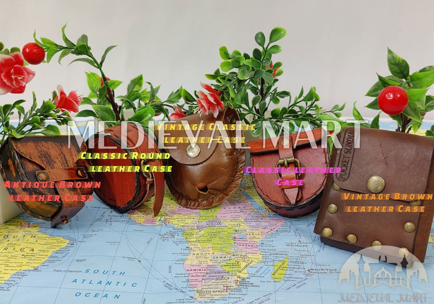 MEDIEVALMART Custom Engrave Sundial Pocket Compass Gold Finish W/H Leather Case | Gift For Mom, Dad