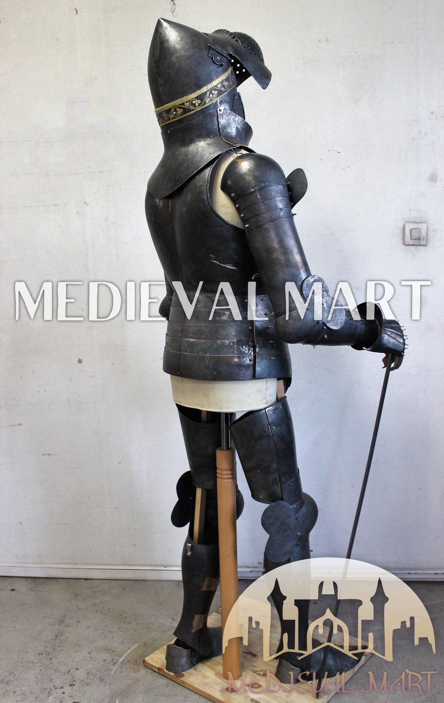 MEDIEVALMART German Medieval Full Body Black Armor Costume W/H “Eisenkopf” Bacinet Helmet
