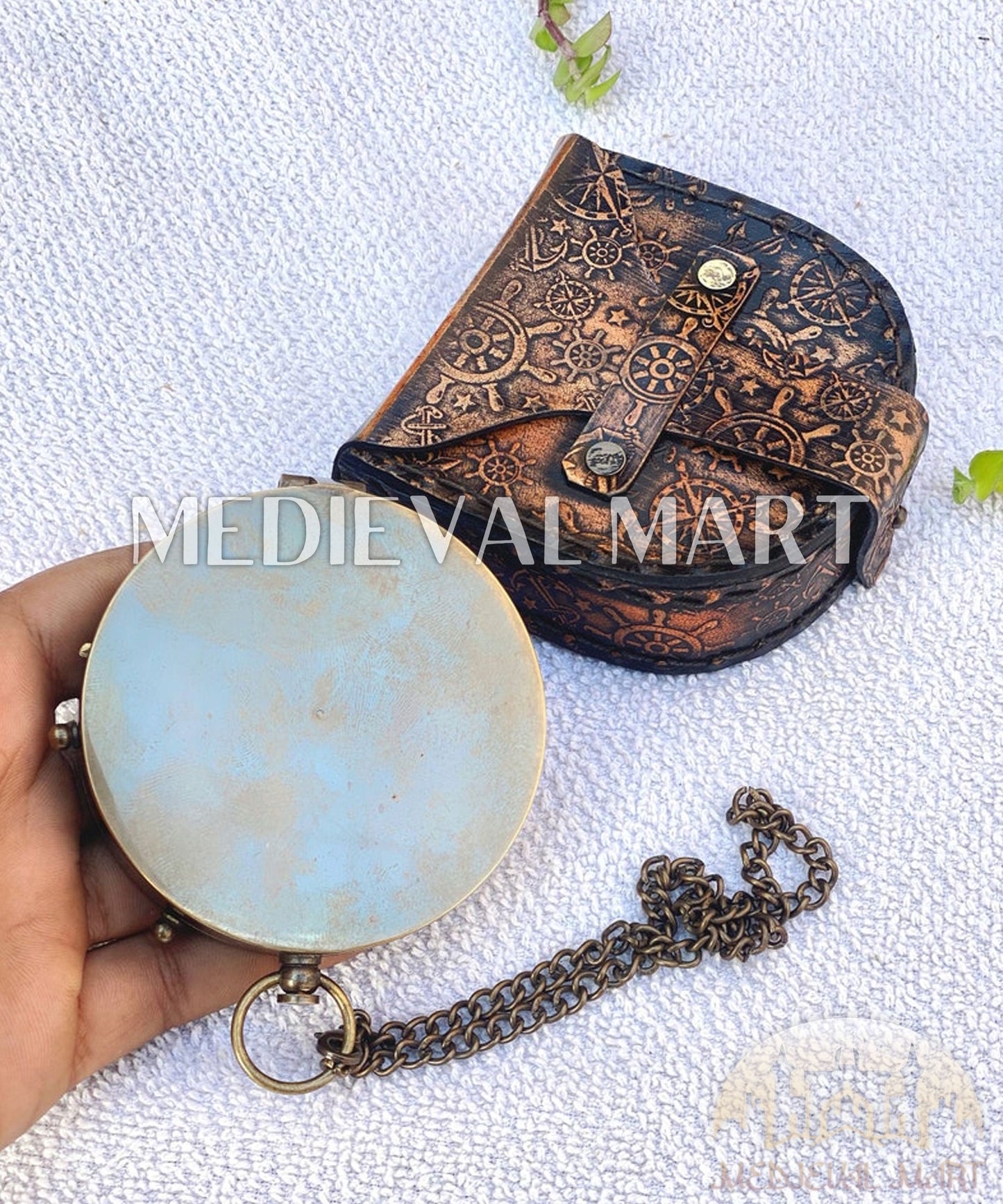 MEDIEVALMART Nautical Custom Engrave Sundial Clock Style Compass Gold Finish W/H Leather Case | Gift For Compass