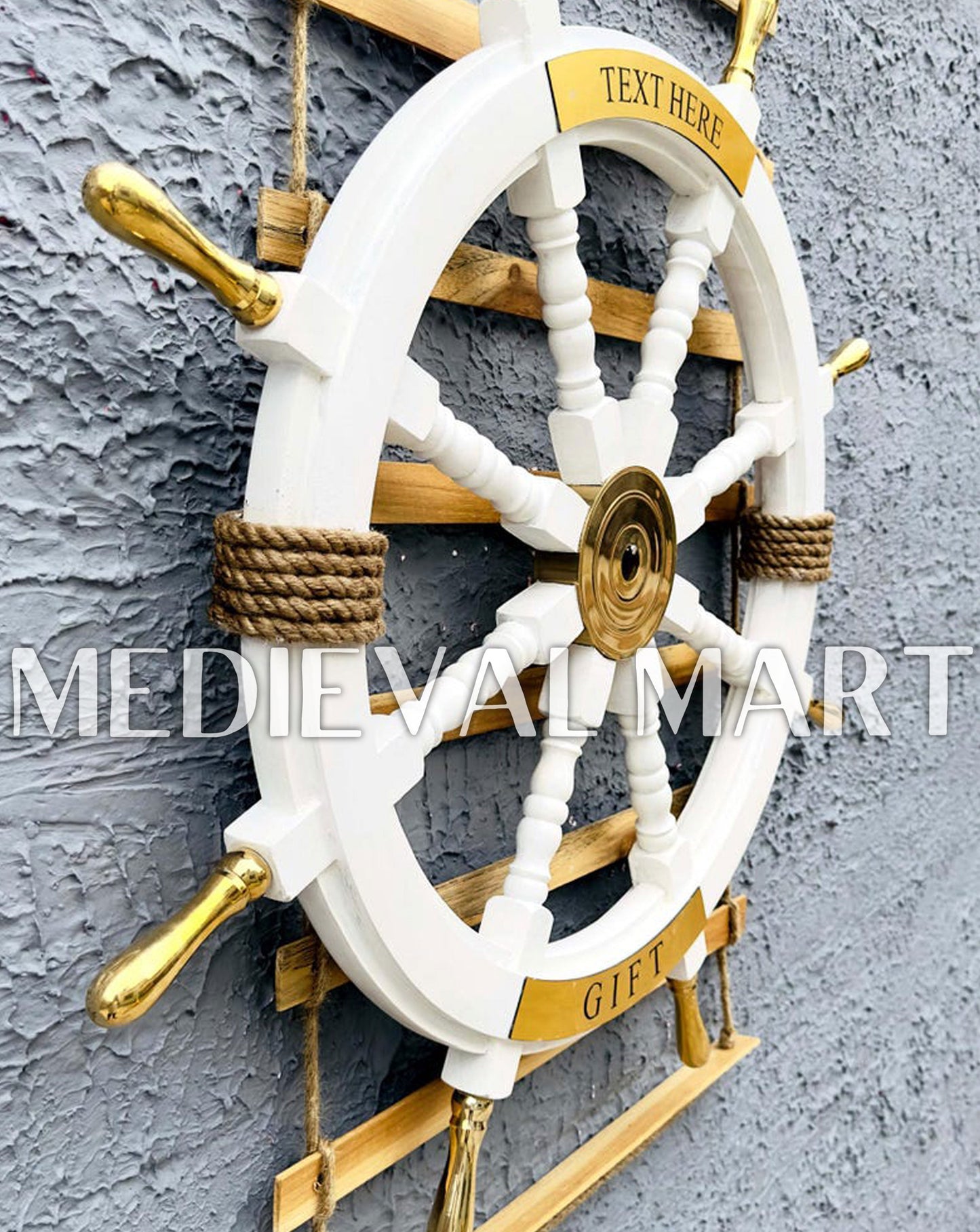 MEDIEVALMART Nautical Brass Decoration Wooden Ship Wheel White Finish