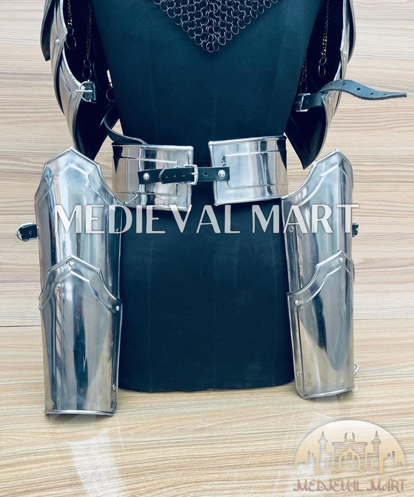 MEDIEVALMART (Isolara Dragonplate) Women’s Armor W/H Black (Sable Knight) Chainmail + Frost Belt + Arms Armor