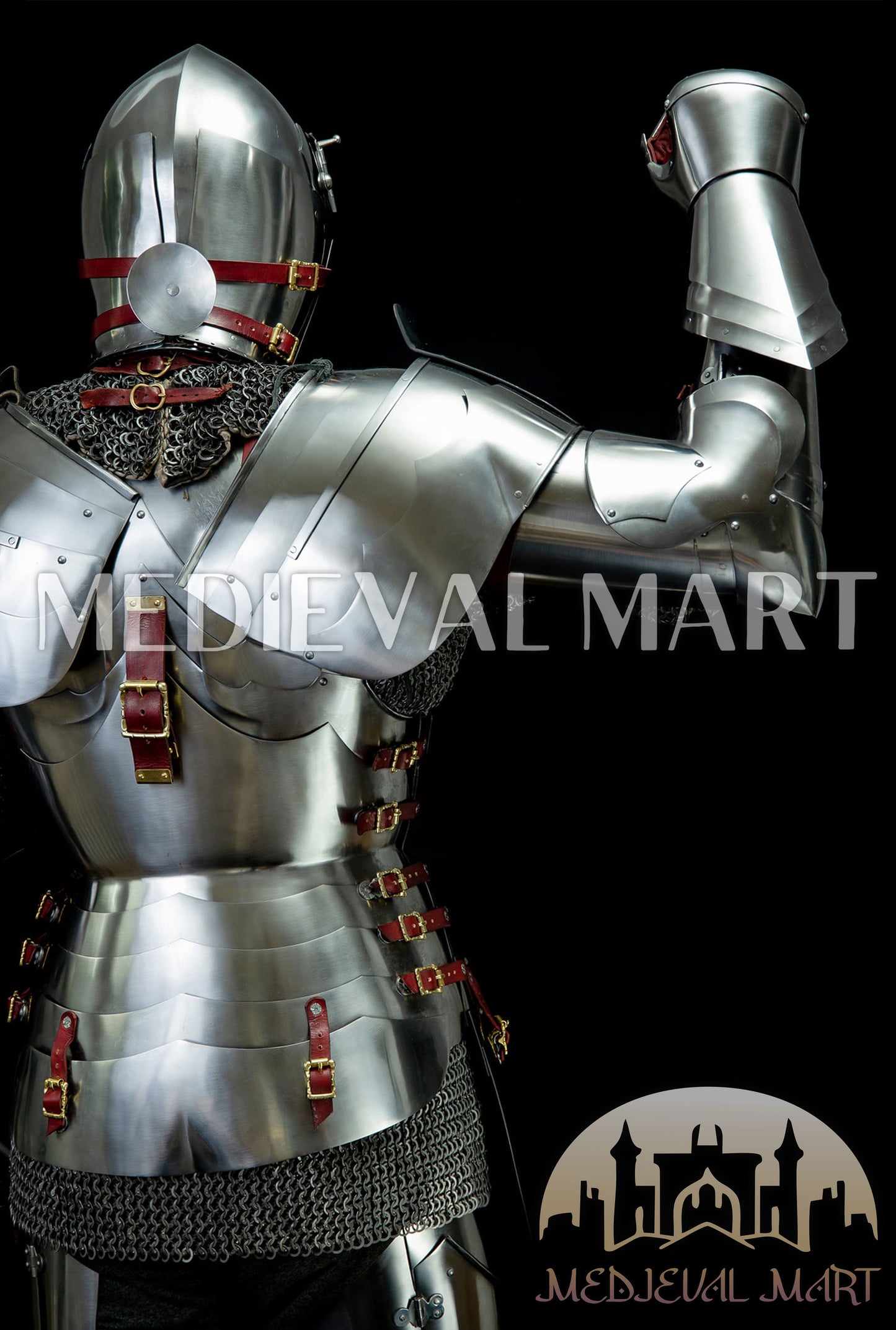 MEDIEVALMART 14th-Cen European English Hardend Steel Plate Armor Buff Polish W/H Houndskull Closed Bascinet