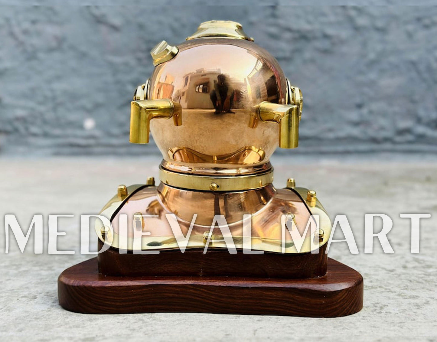 MEDIEVALMART 6"INCH Pure Cooper Brass Diving Helmet With Wooden Base