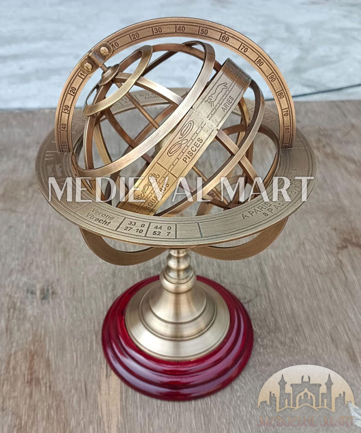 MEDIEVALMART Anitque Brass Armillary Sphere on Wooden Base: Nautical Home Decor Gift for Christmas