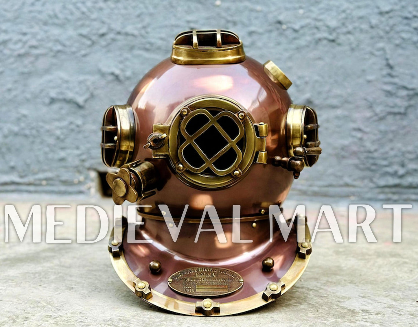 MEDIEVALMART Nautical Brown Finish Diving Helmet With Wooden Base