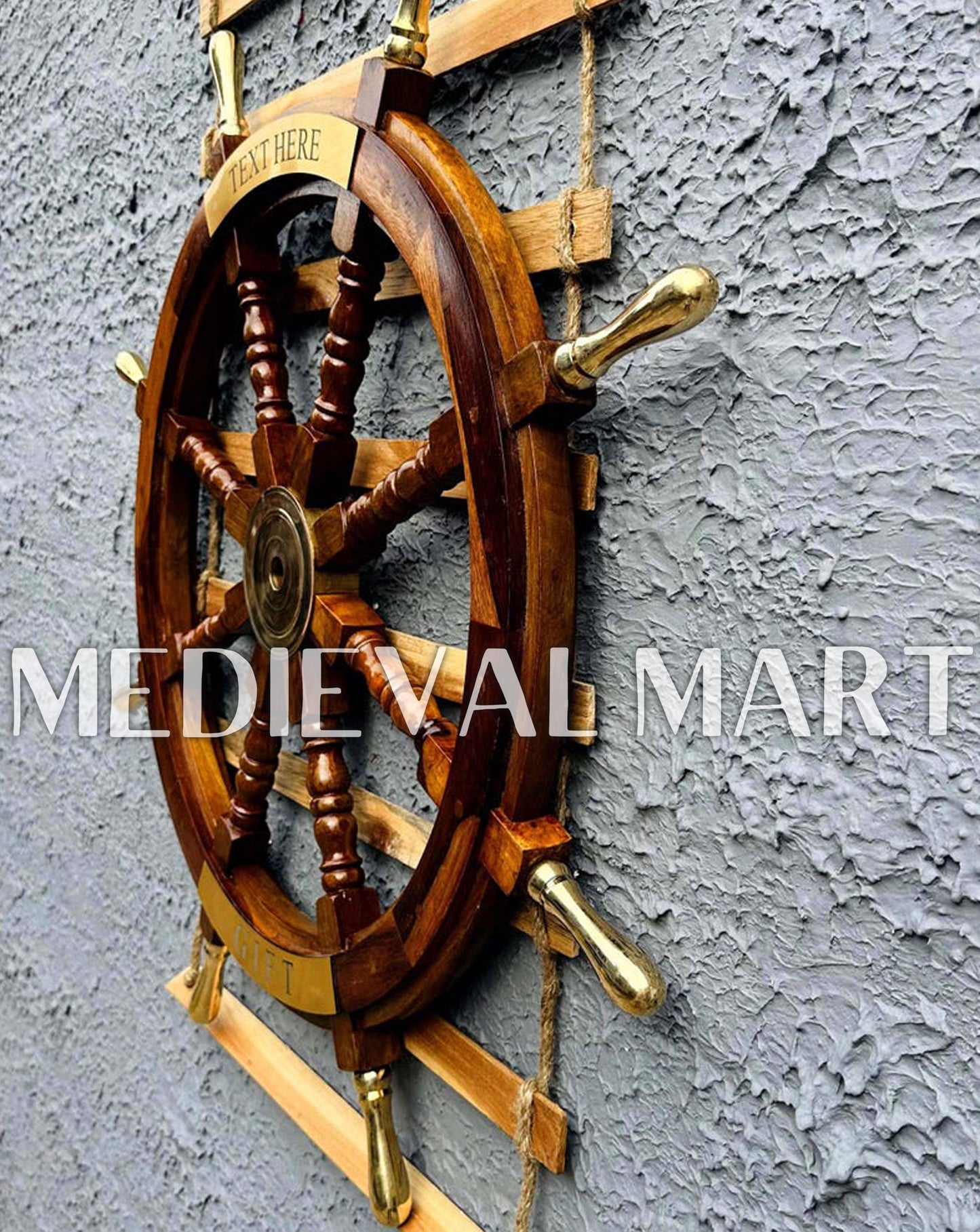 MEDIEVALMART Nautical Brass Decoration Ship Wheel Brown Finish - Personal Engraving Marine Wall Decor