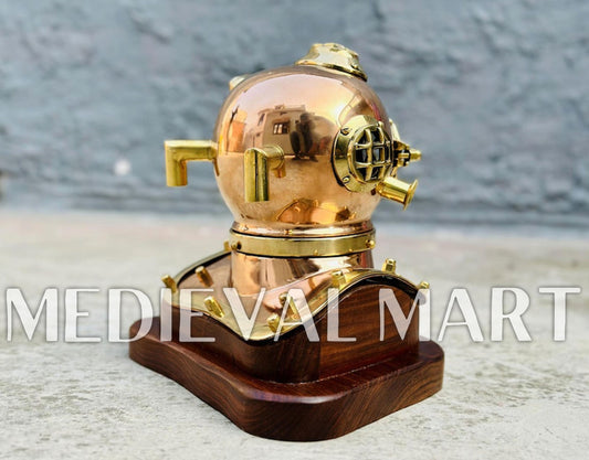 MEDIEVALMART 6"INCH Pure Cooper Brass Diving Helmet With Wooden Base