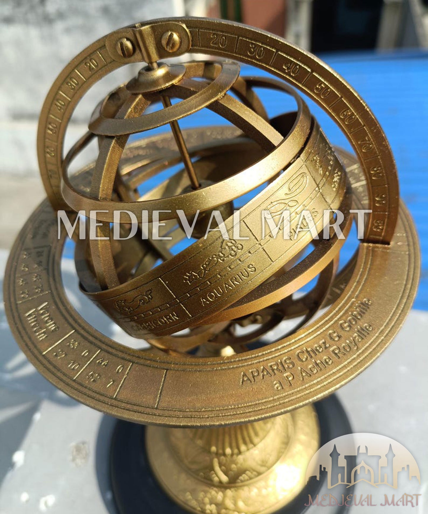 MEDIEVALMART Handmade Engraved Brass Armillary Sphere with Wooden Base – Nautical Globe Decor