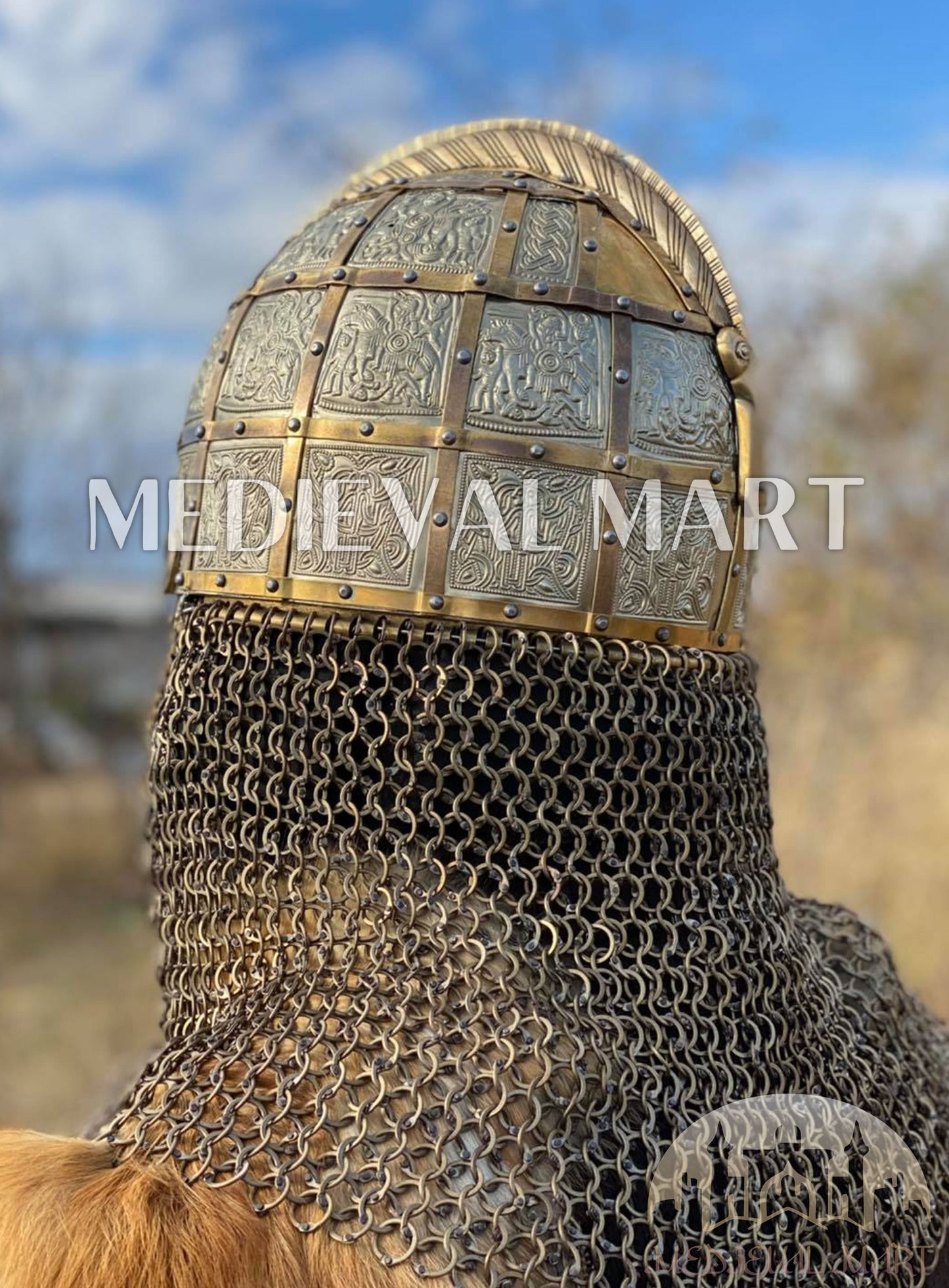MEDIEVALMART Medieval Viking Vendel Period Broa Helmet with Brass Decoration & Titanium Chainmail