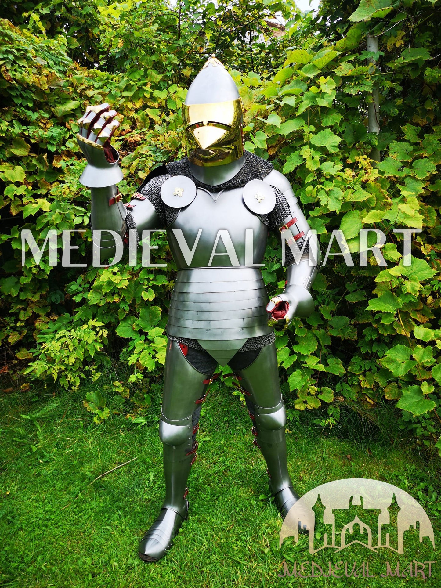 MEDIEVALMART 15th-Century English knight Warrior Gothic Plate Armor Costume W/H Gold Face Hounskull Helmet