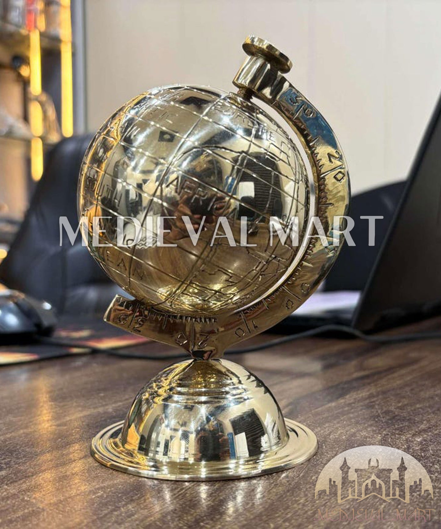 MEDIEVALMART Handmade Solid Brass World Globe: Etched Map, Rotating Desk Decor Gift for Christmas Day