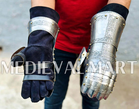 MEDIEVALMART Medieval High Texture Royal Knights Etched Gauntlet - LARP Armor