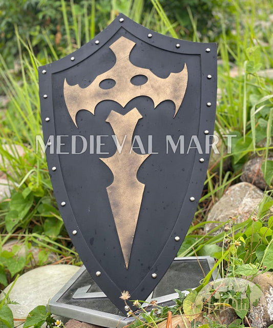 MEDIEVALMART Medieval Templar Bat Inspired Wooden Shield Black & Gold Finish | Gift for Christmas Day