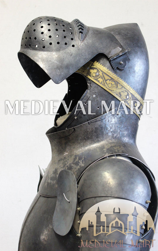 MEDIEVALMART German Medieval Full Body Black Armor Costume W/H “Eisenkopf” Bacinet Helmet