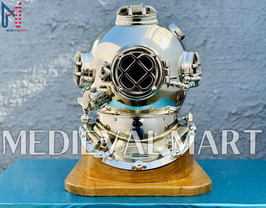 MEDIEVALMART Nautical Chrome Plated Diving Helmet With Wooden Base