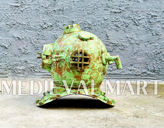 MEDIEVALMART Rusty Lite Green Diving Helmet With Wooden Base