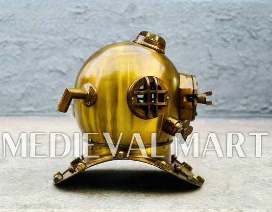 MEDIEVALMART Antique Gold Finish Diving Helmet With Wooden Base