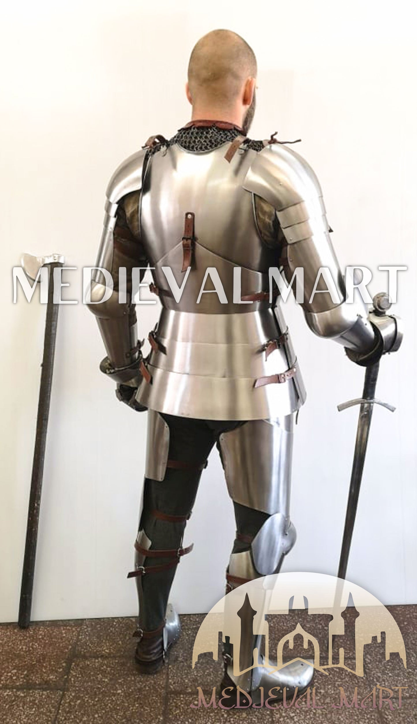 MEDIEVALMART Medieval German Combat Sport Buhurt Battle Full Body Plate Armor Suit with Viking Axe Or Sword