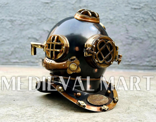 MEDIEVALMART Antique Black Finish Diving Helmet With Wooden Base
