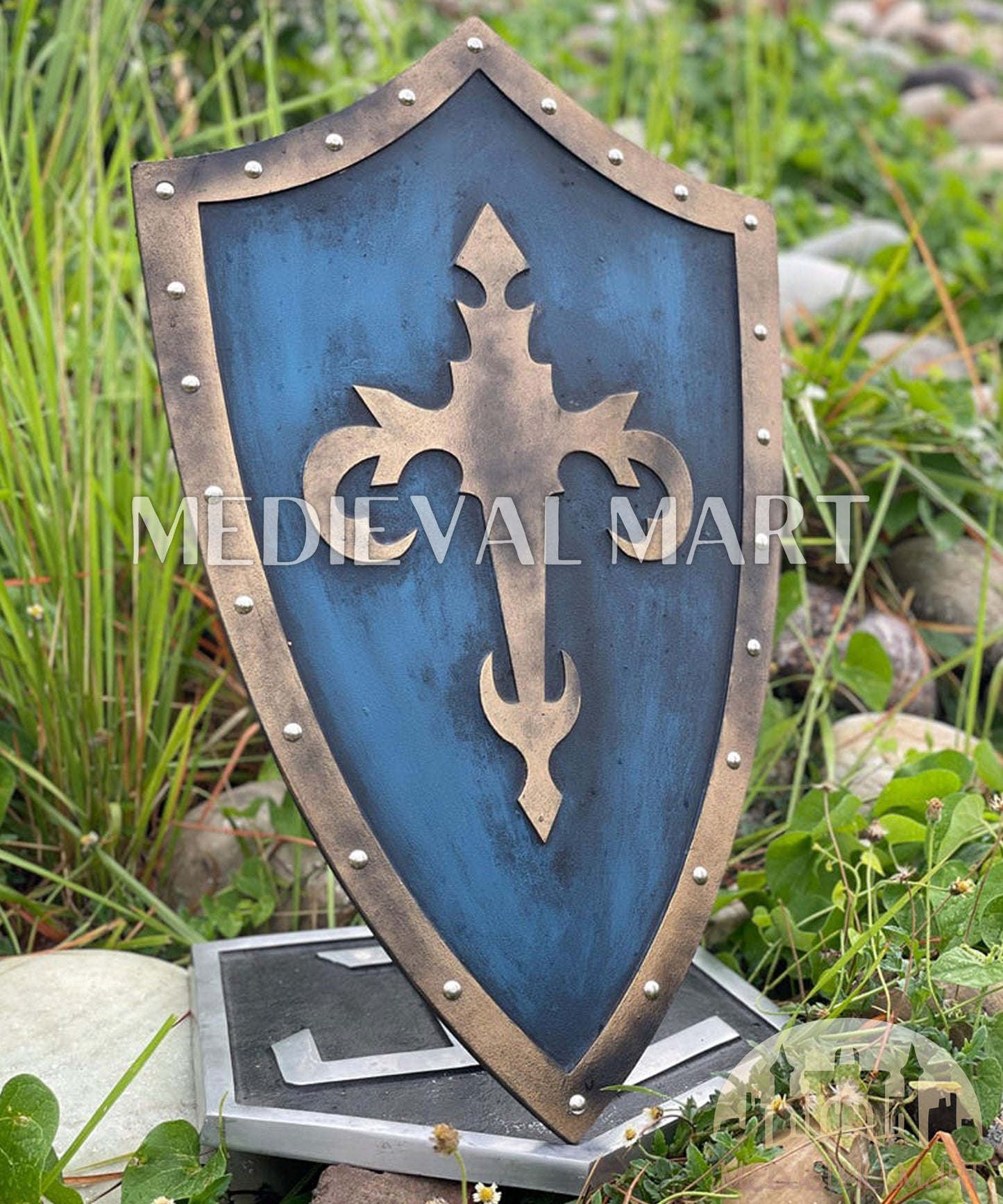 MEDIEVALMART Medieval Templar Devil Zelda Cross Inspired Wooden Shield Bliue & Gold Finish | Gift for Christmas Day