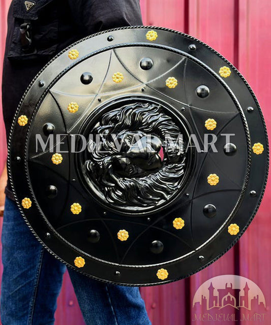 MEDIEVALMART Medieval Spartan Exclusive Gold Lion Face Shield W/H Black Finish | Gift for Dad
