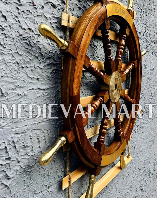 MEDIEVALMART Nautical Brass Decoration Ship Wheel Brown Finish - Personal Engraving Marine Wall Decor