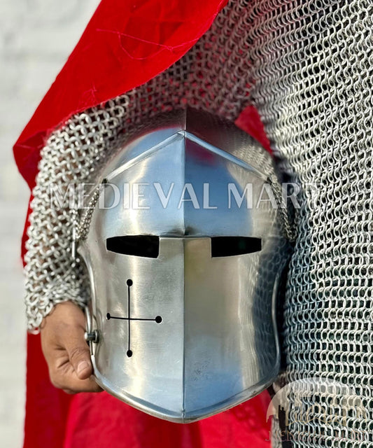 MEDIEVALMART Medieval Knight Armor 18g Mild Steel Silver Barbuta Helmet for LARP or Cosplay - Gift For Dad