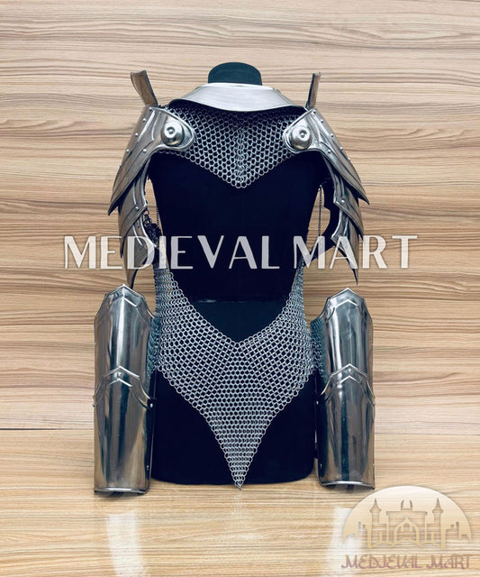 MEDIEVALMART (Isolara Dragonplate) Women’s Armor W/H (Sable Knight) Chainmail + Arms Armor