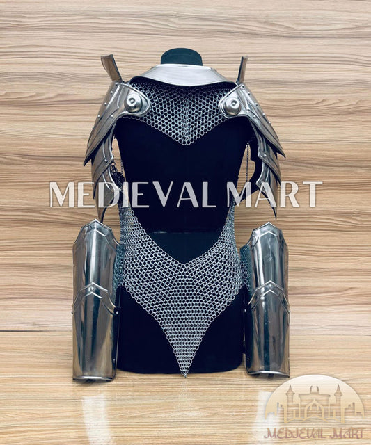 MEDIEVALMART (Isolara Dragonplate) Women’s Armor W/H (Sable Knight) Chainmail + Arms Armor