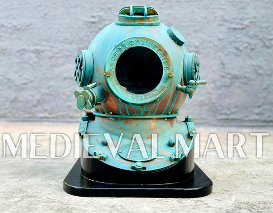 MEDIEVALMART Rusty Green Diving Helmet With Wooden Base