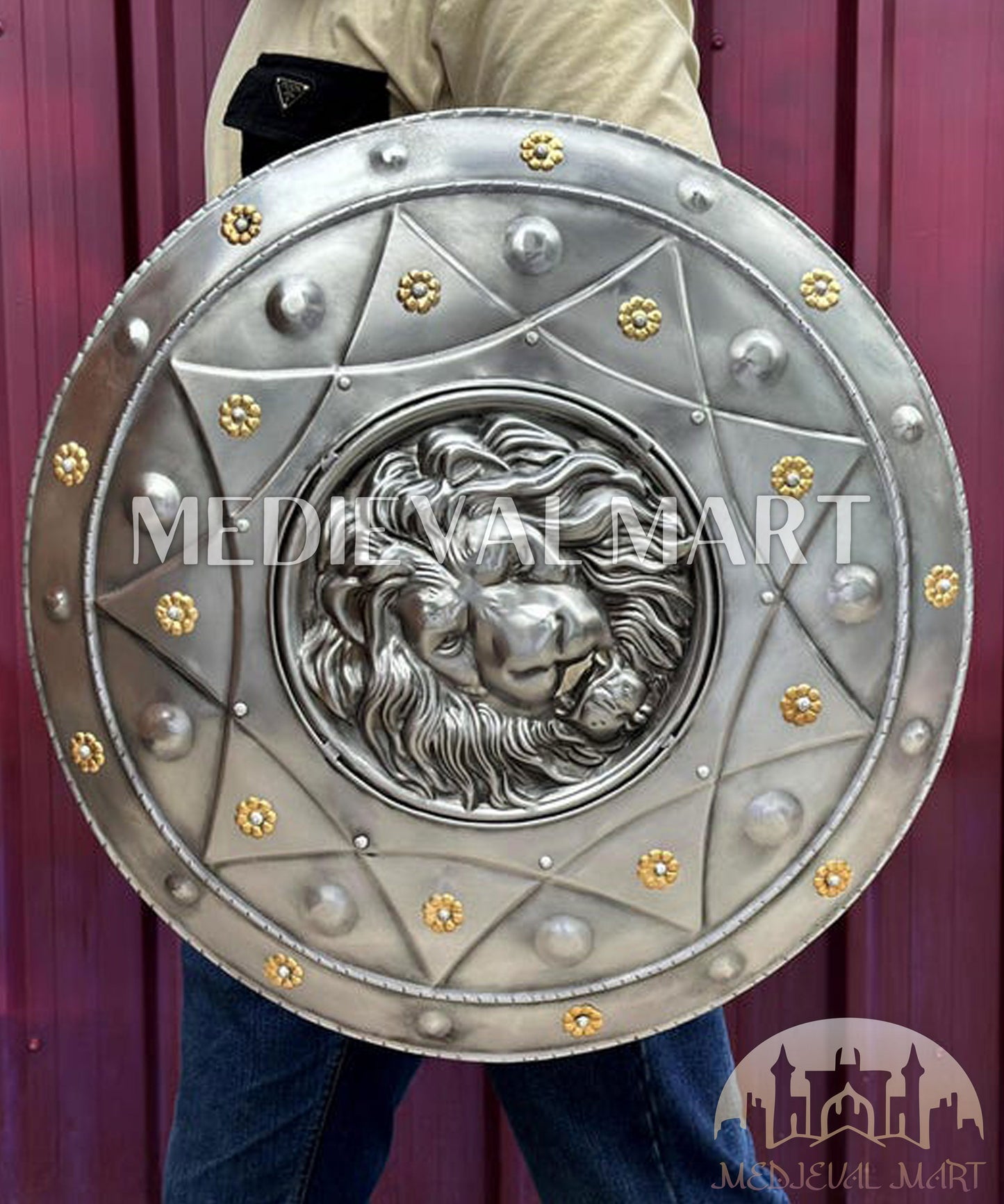 MEDIEVALMART Medieval Iconic Spratan Lion Face Shield W/H Silver Finish | Gift for Dad