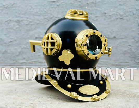 MEDIEVALMART Black Finish Diving Helmet With Wooden Base