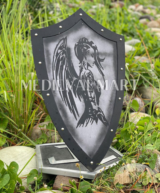 MEDIEVALMART Medieval Templar Devil Angel Inspired Wooden Shield Black & Siver Finish | Gift for Christmas Day