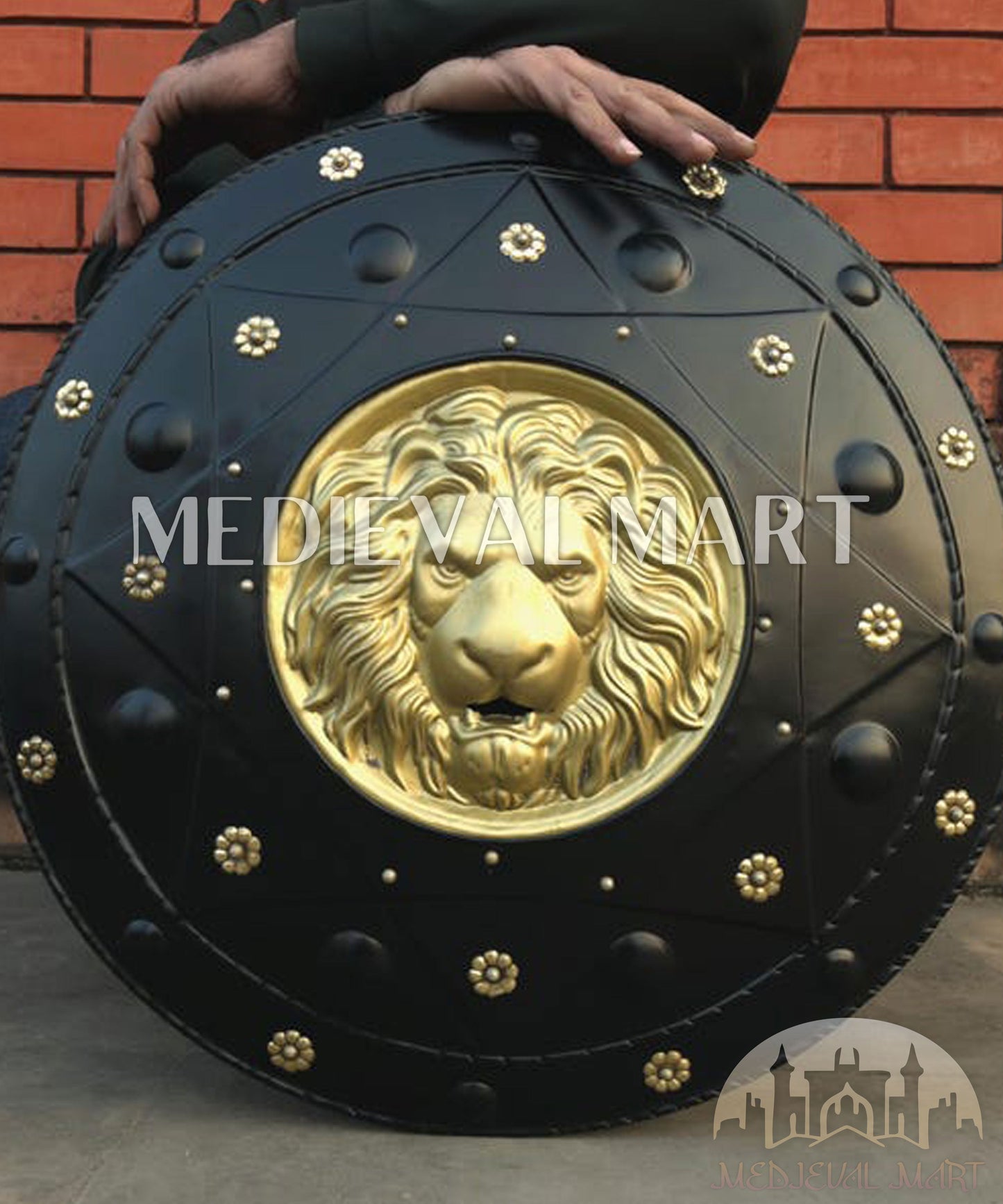 MEDIEVALMART Medieval Lion Face Spartan Shield W/H Black Finish | Gift For Dad