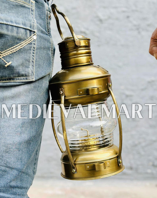 MEDIEVALMART Nautical Vintage Antique Brass Clear Glass Ship Oil Lamp - Personal Engraving Marine Lantern