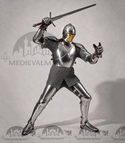 MEDIEVALMART 14th-Century Authentic Combat Full Plate Armor W/H Sword & Chainmail Inner
