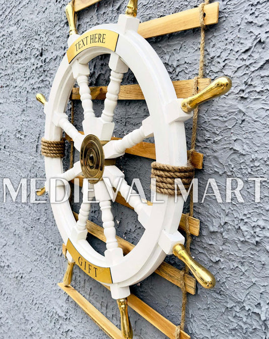 MEDIEVALMART Nautical Brass Decoration Wooden Ship Wheel White Finish