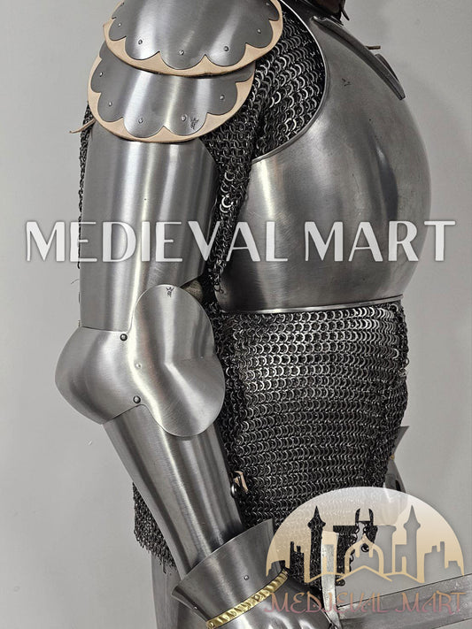 MEDIEVALMART 14th-Century Authentic Combat Full Plate Armor W/H Sword & Chainmail Inner