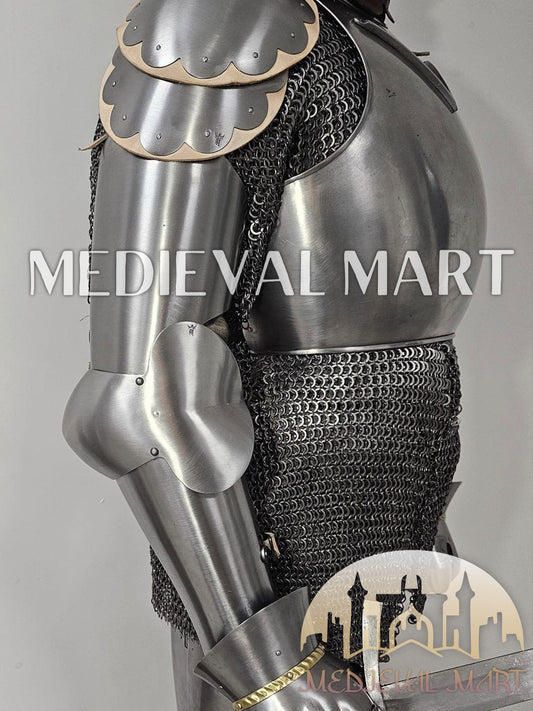 MEDIEVALMART 14th-Century Authentic Combat Full Plate Armor W/H Sword & Chainmail Inner