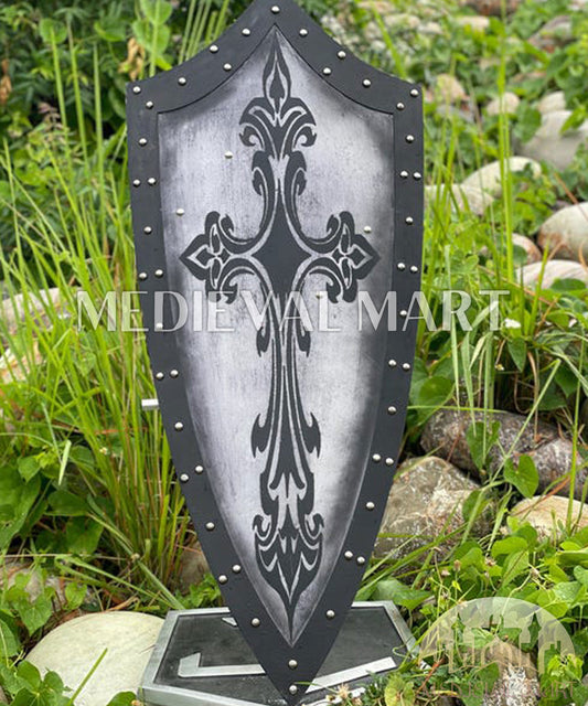 MEDIEVALMART Medieval Templar Spanian Cross Inspired Wooden Shield Black & Siver Finish | Gift for Christmas Day