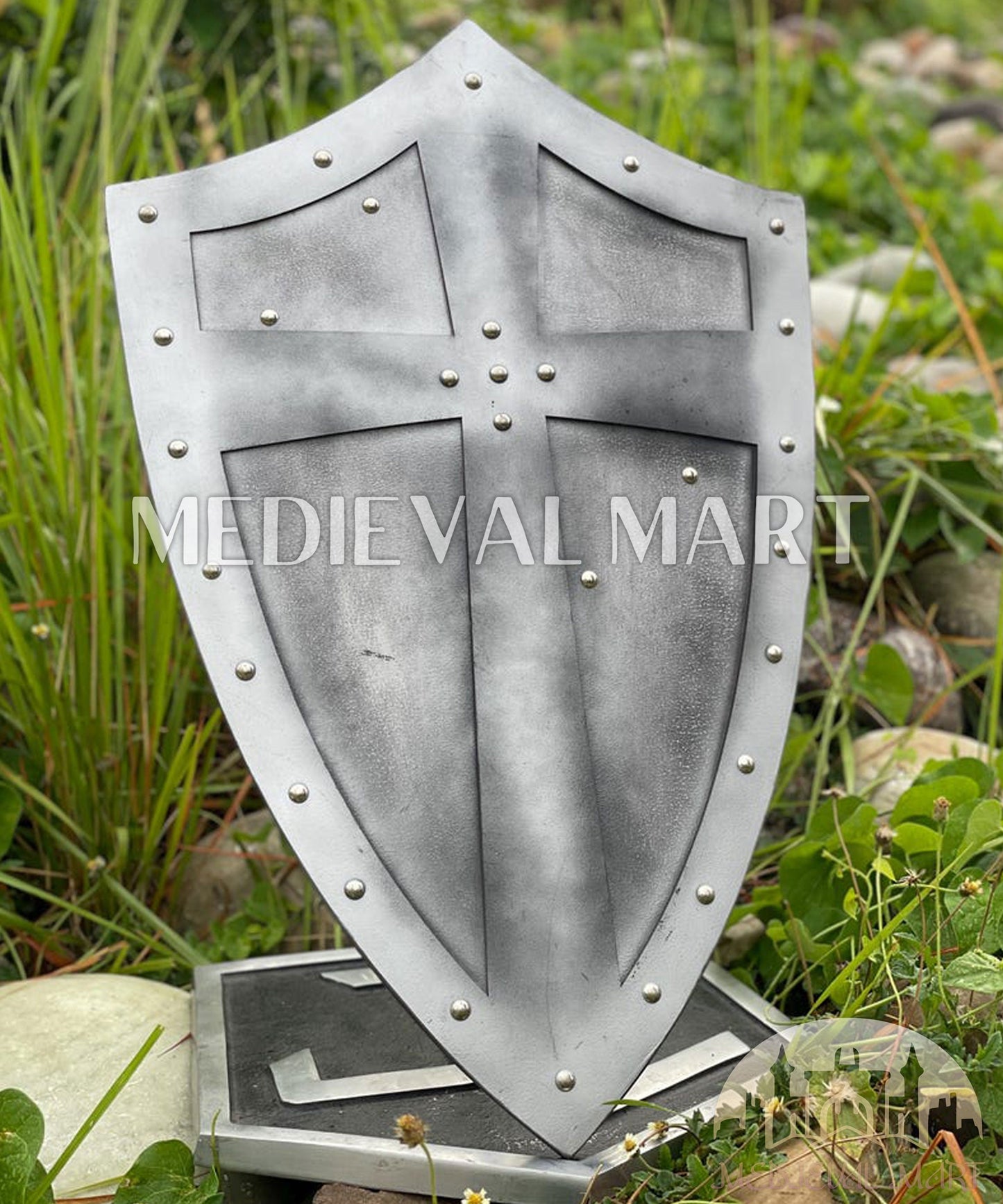 MEDIEVALMART Medieval Templar Salebi Cross Inspired Wooden Shield Black & Siver Finish | Gift for Christmas Day