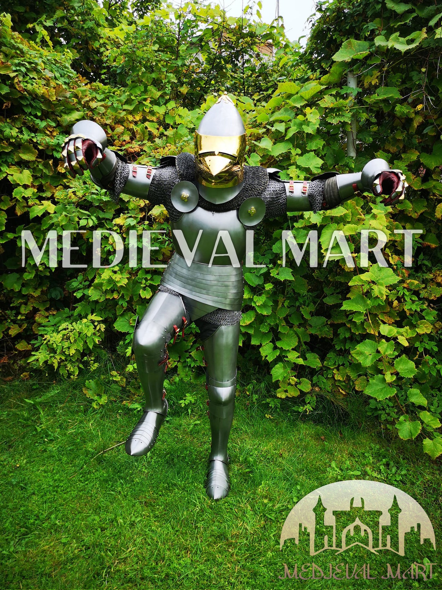MEDIEVALMART 15th-Century English knight Warrior Gothic Plate Armor Costume W/H Gold Face Hounskull Helmet